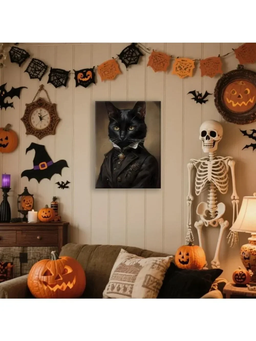 Gothic Black Cat Canvas Wall Art 11.5x15 - Dark Academia Decor, Halloween & Cat